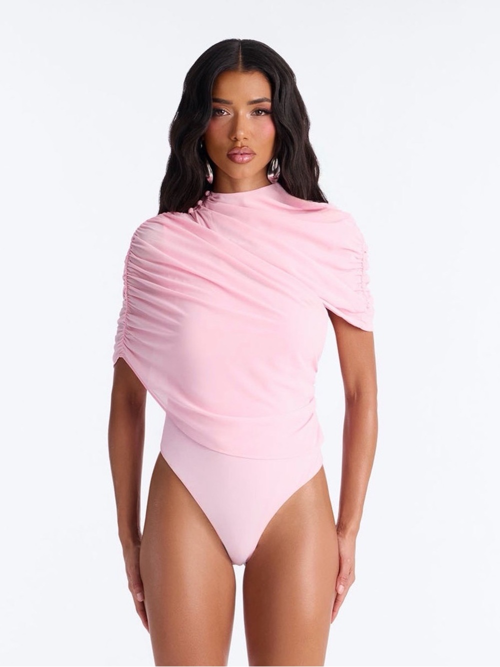 Fashion Nova Women's Pink Ruched Short Sleeve Bodysuit